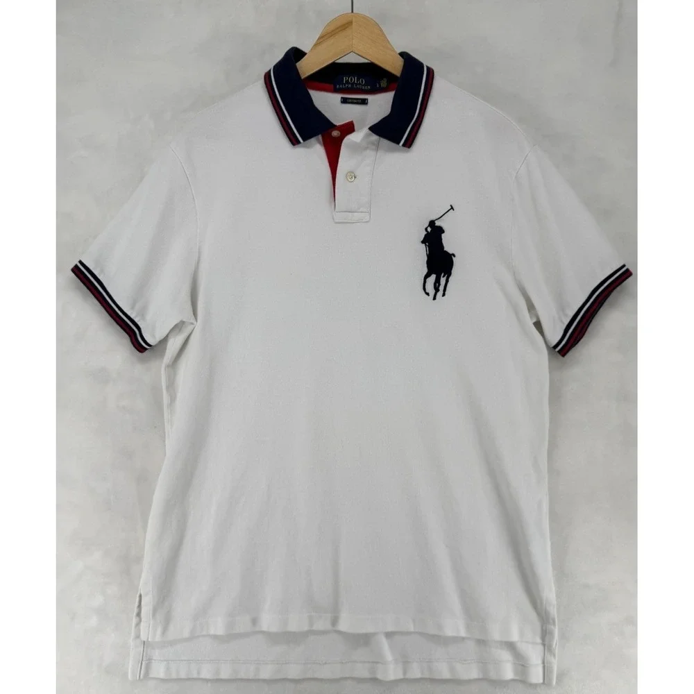 Polo Ralph Lauren Custom Fit Big Pony Polo Shirt Mens L White Navy Red Striped